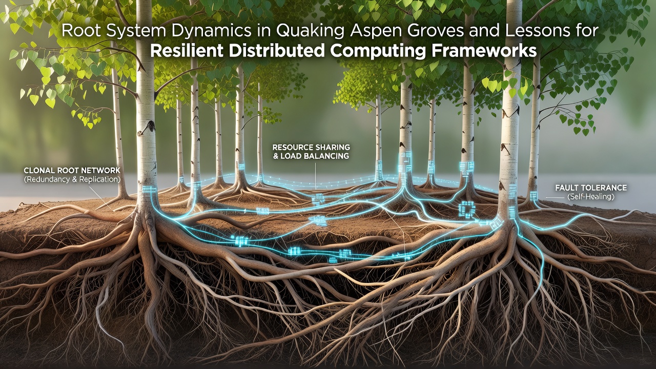 Close-up of aspen root network with labeled nodes illustrating resource flow between trees