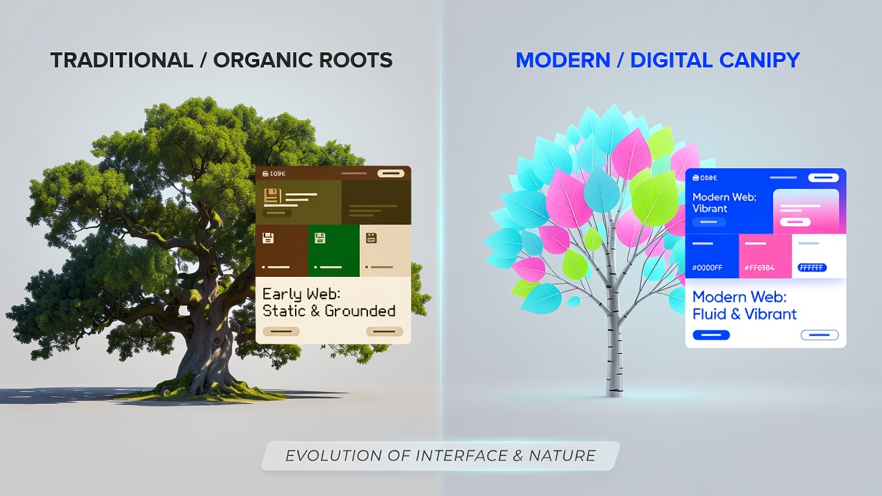 Website interface mockups using color schemes inspired by oak, birch, and maple tree palettes side by side